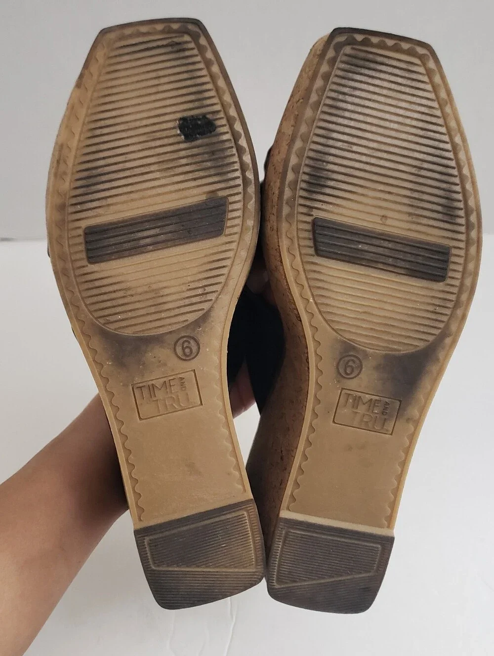 Sz 6 Time And Tru Black Faux Leather Slip On Cork Wedge Heels